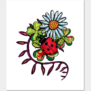 Red ladybug and white daisies on clover leaves Posters and Art